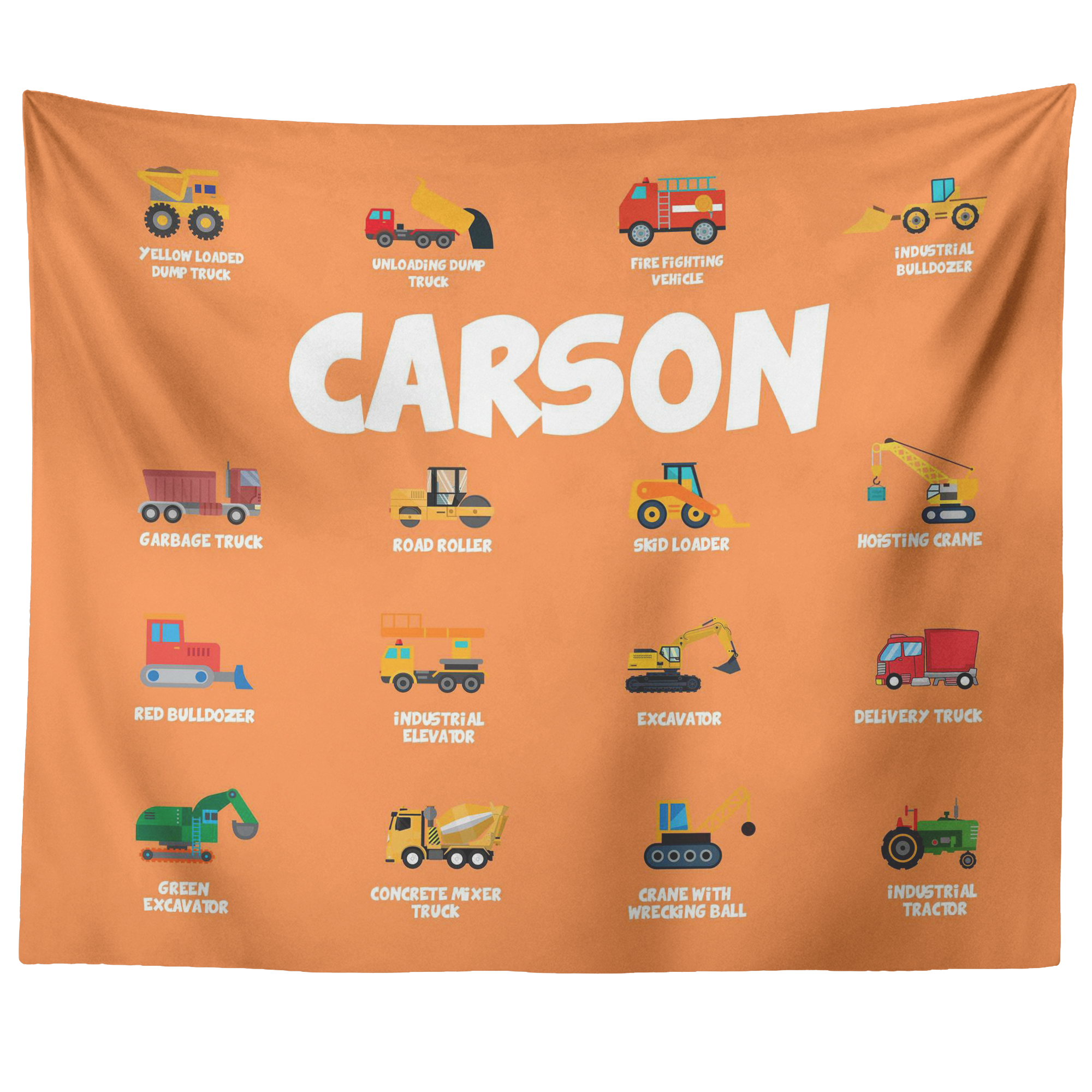 Personalized Name Construction Machines Wall Tapestry for Kids Room - Carson