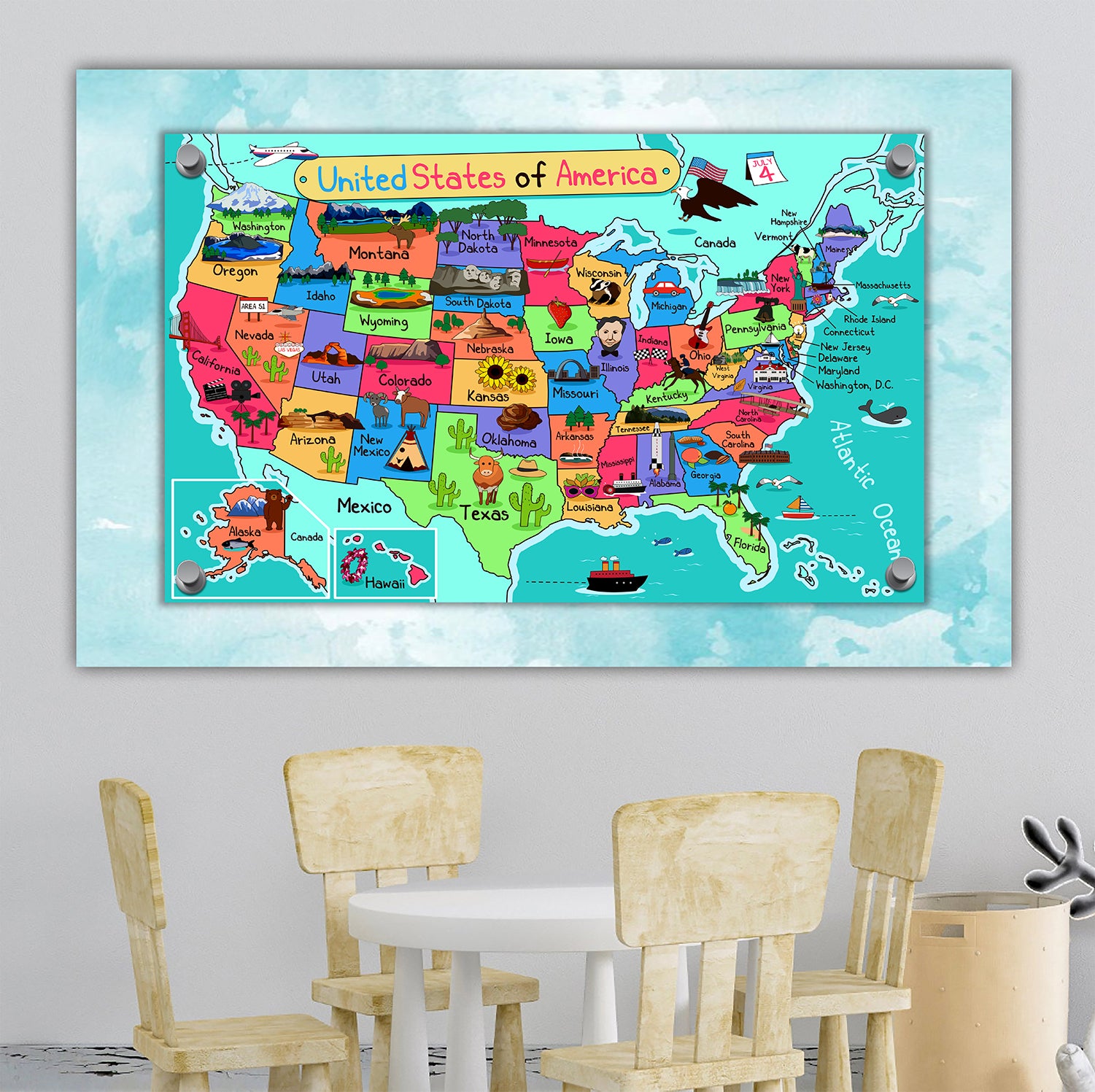USA, United States Map for Kids, Canvas Wall Art for Children's Room, Learning, Educational Map for Boys & Girls