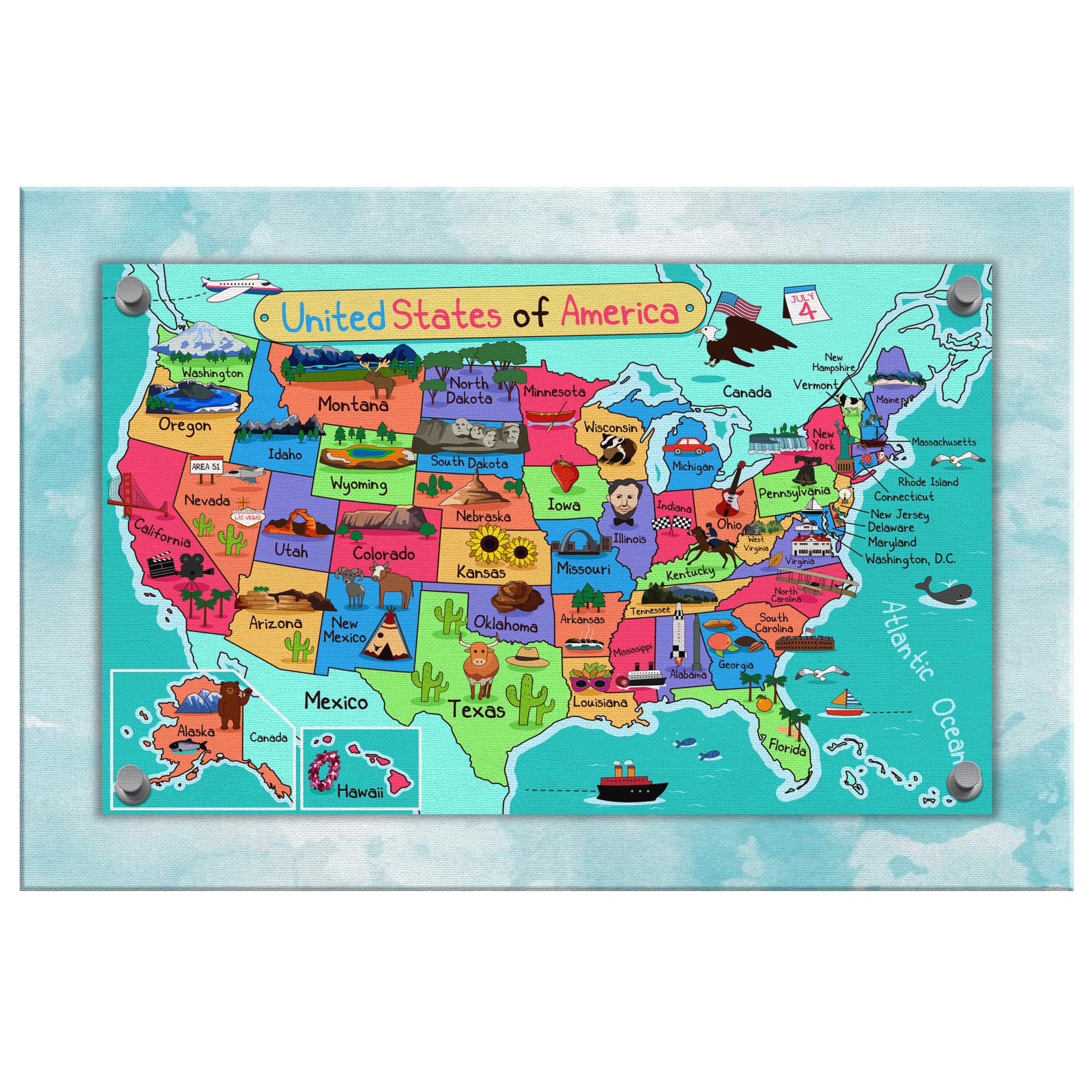 USA, United States Map for Kids, Canvas Wall Art for Children's Room, Learning, Educational Map for Boys & Girls