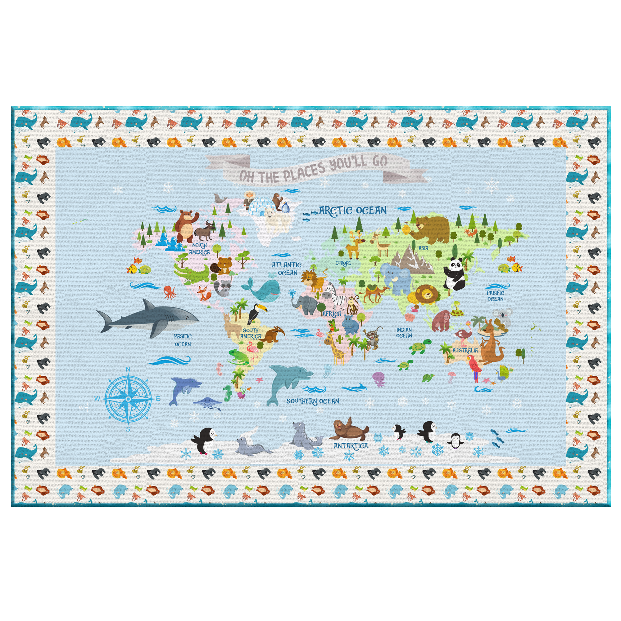 Personalized Map of World for Kids with Animal Planet, Canvas Wall Art for Children's Room, Learning, Educational Map for Boys & Girls