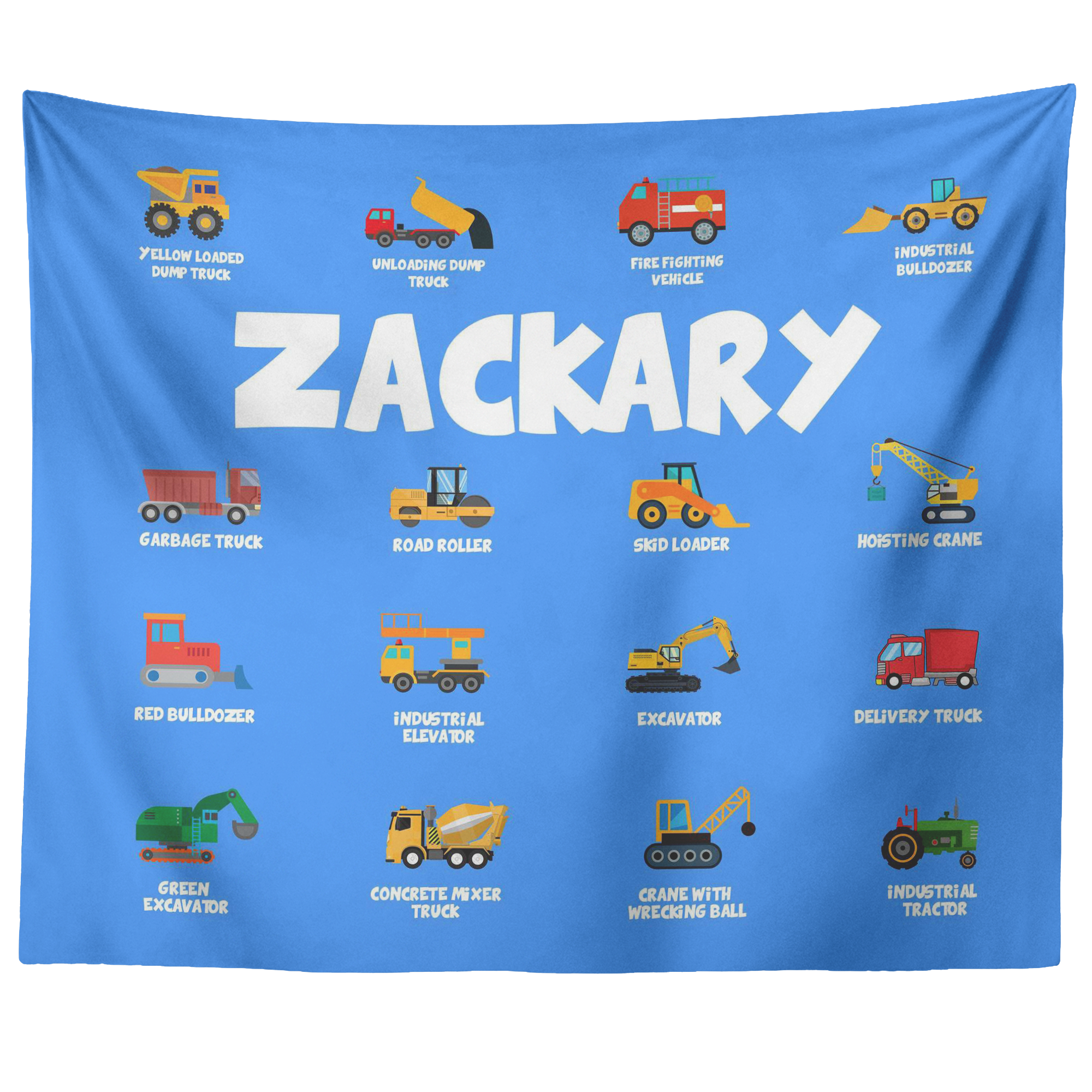 Personalized Name Construction Machines Wall Tapestry for Kids Room - Zackary