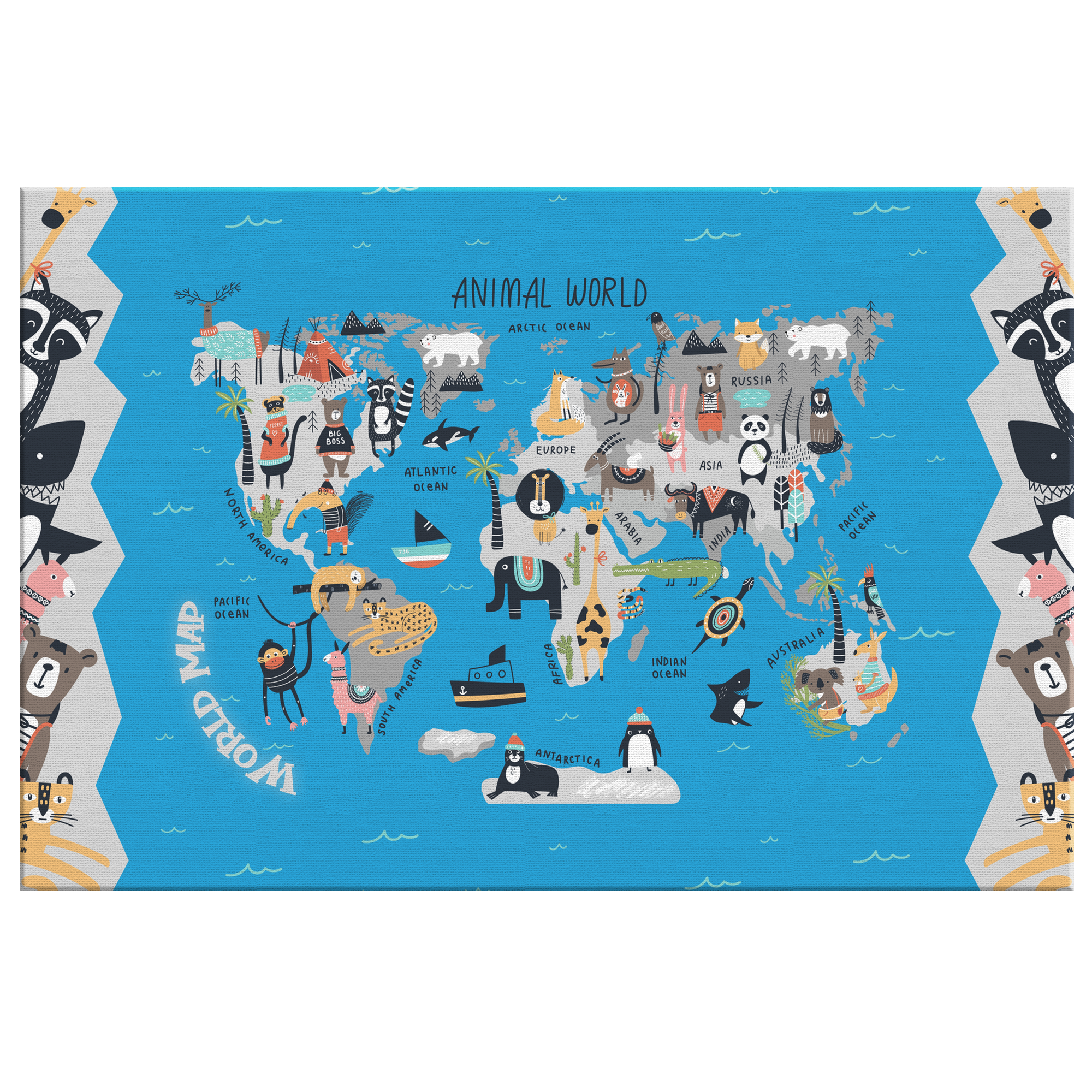 Personalized Map of World for Kids with Peeking Animals, Canvas Wall Art for Children's Room, Learning, Educational Map for Boys & Girls