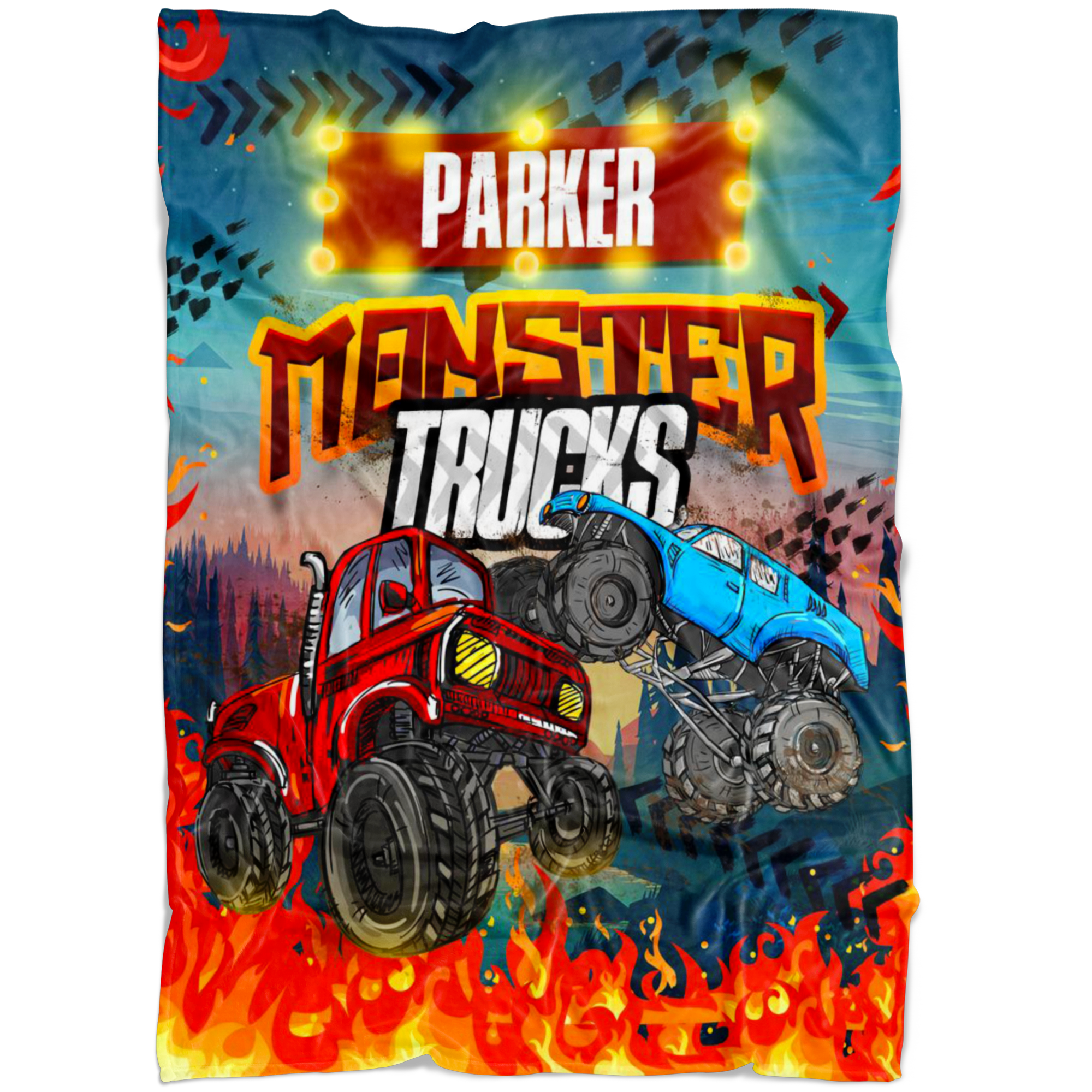 Personalized Name Monster Truck Blanket for Boys & Girls, Childrens Blanket - Parker