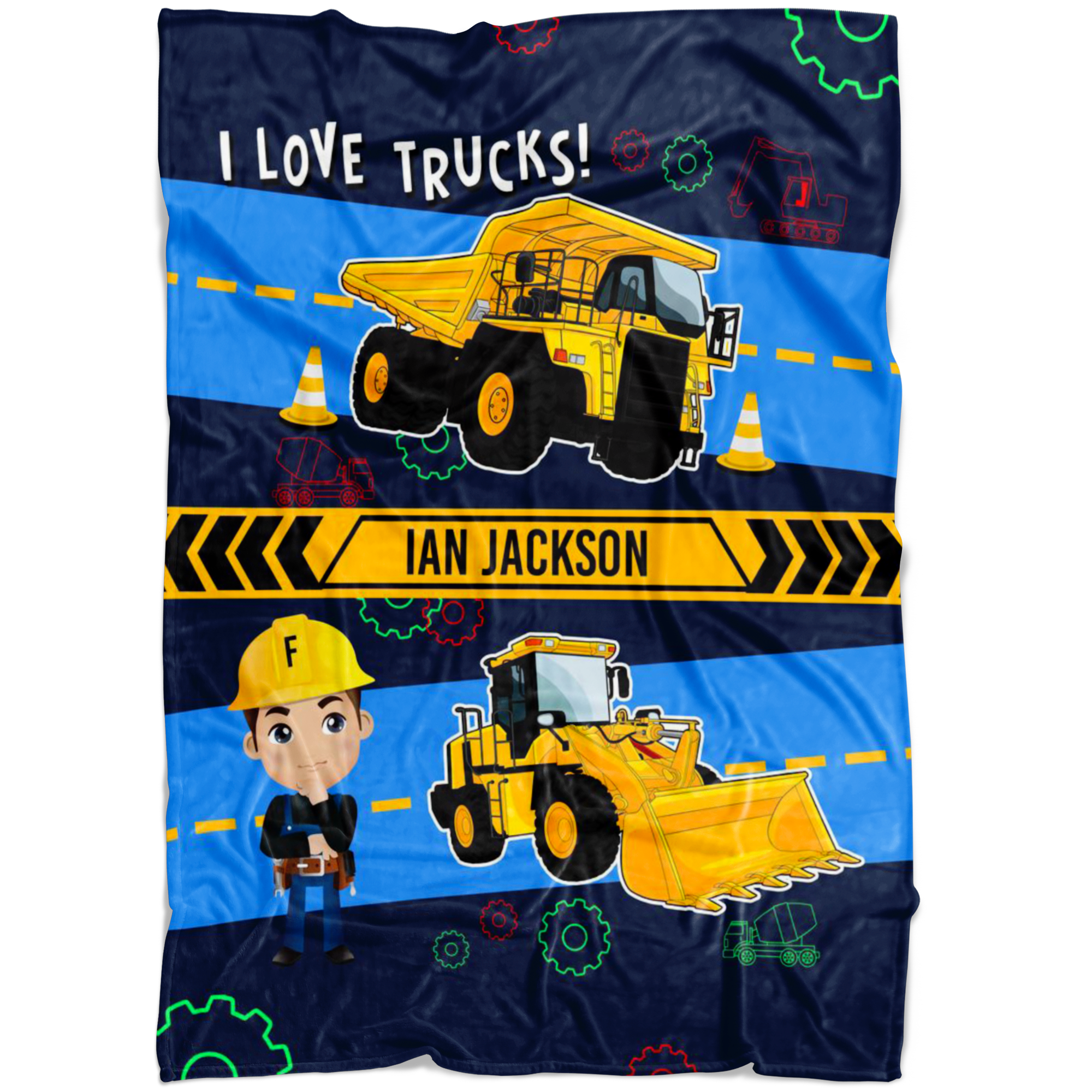 Personalized Name I Love Trucks Blanket for Boys & Girls with Character Personalization - Ian Jackson